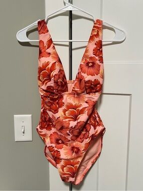 Shade & Shore Coral and Red Floral One-Piece Swim